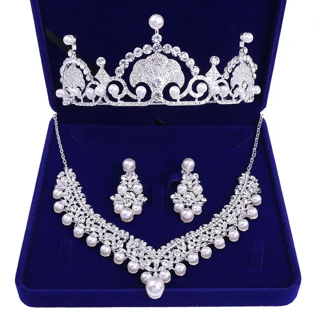 Baroque Crystal, Pearl and Rhinestone Tiara, Necklace & Earrings Jewelry Set