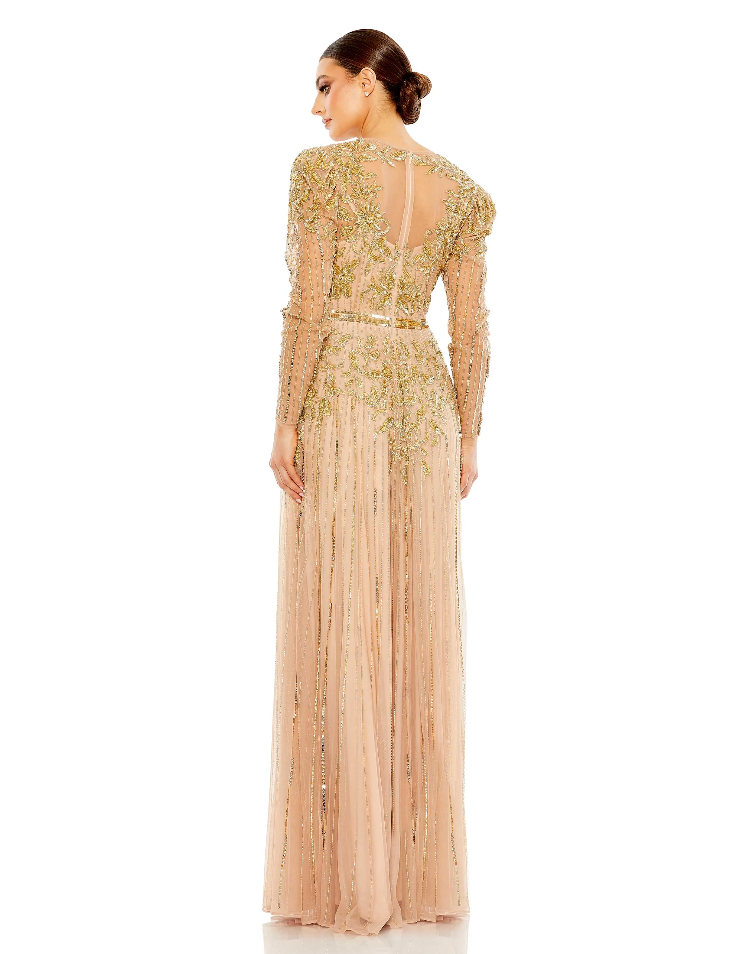 Beaded Illusion Puff Sleeve Gown