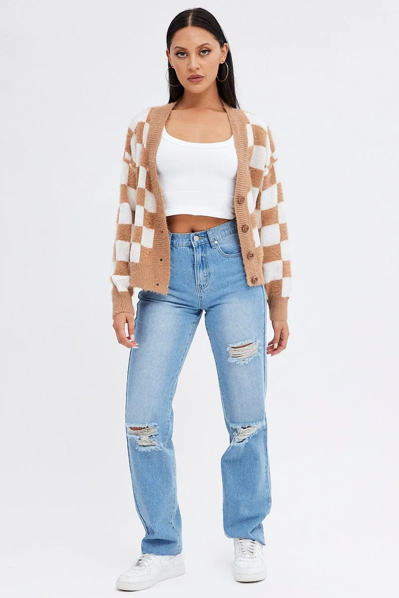 Beige Check Oversized Cardigan