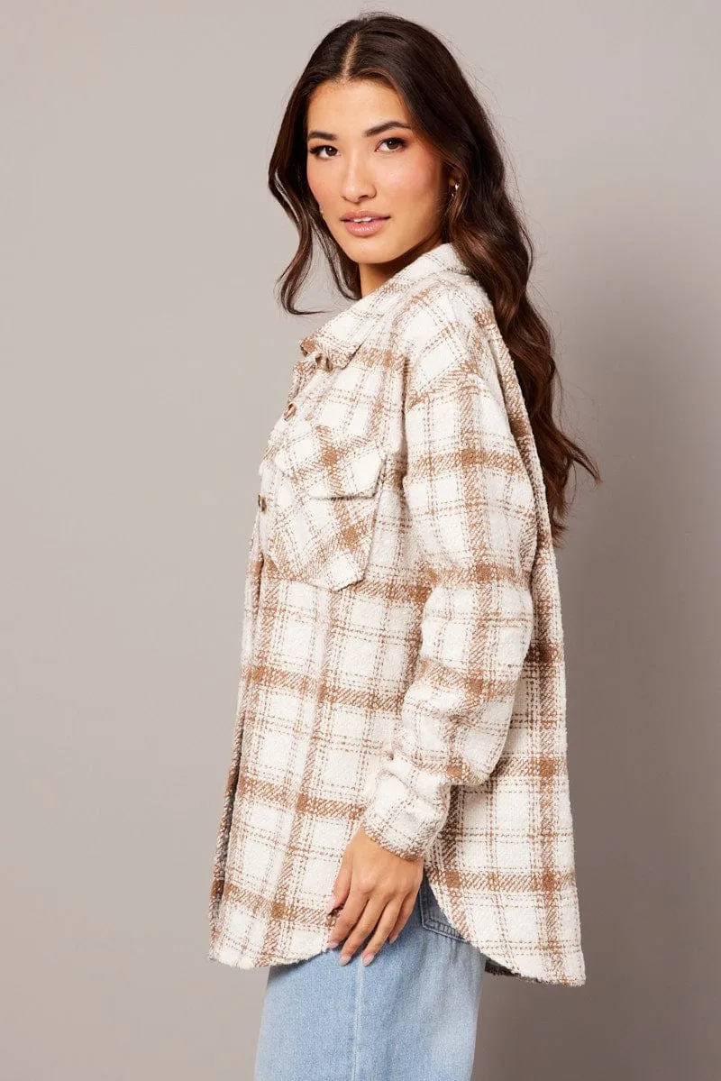 Beige Check Relaxed Shirt Long Sleeve Shacket