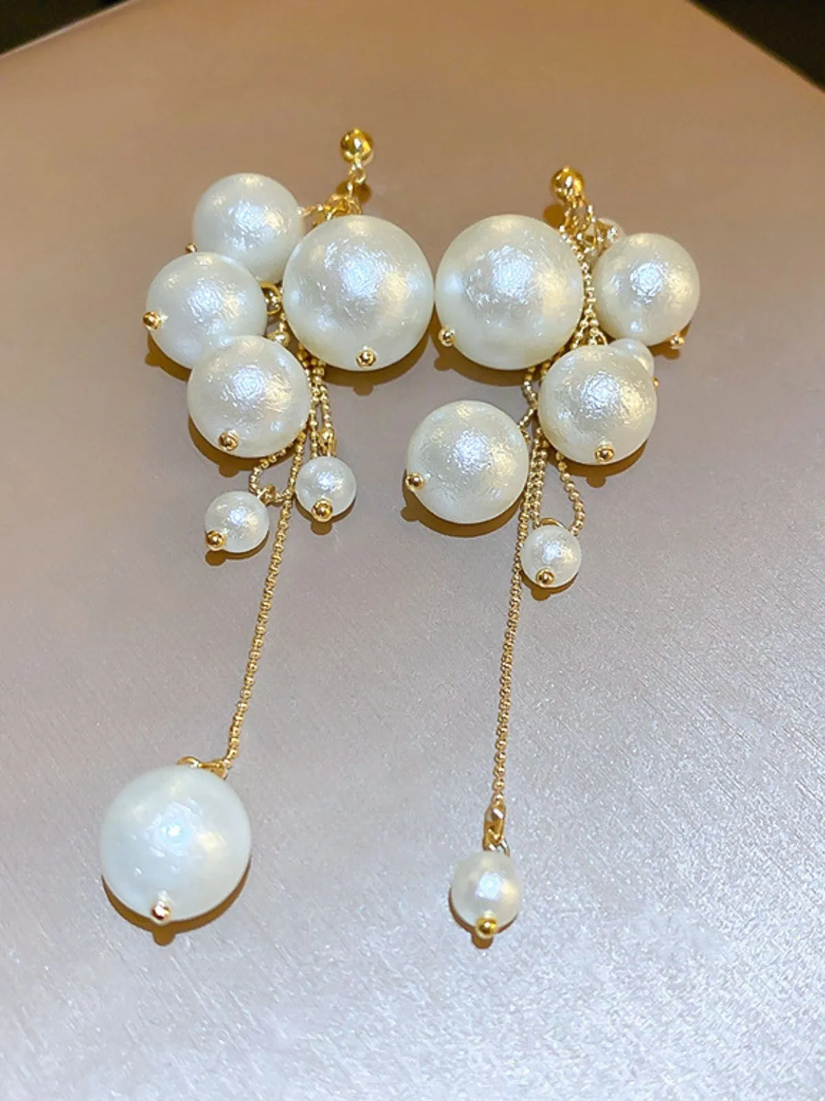 Beige Pearl Tassel Plastic Earrings