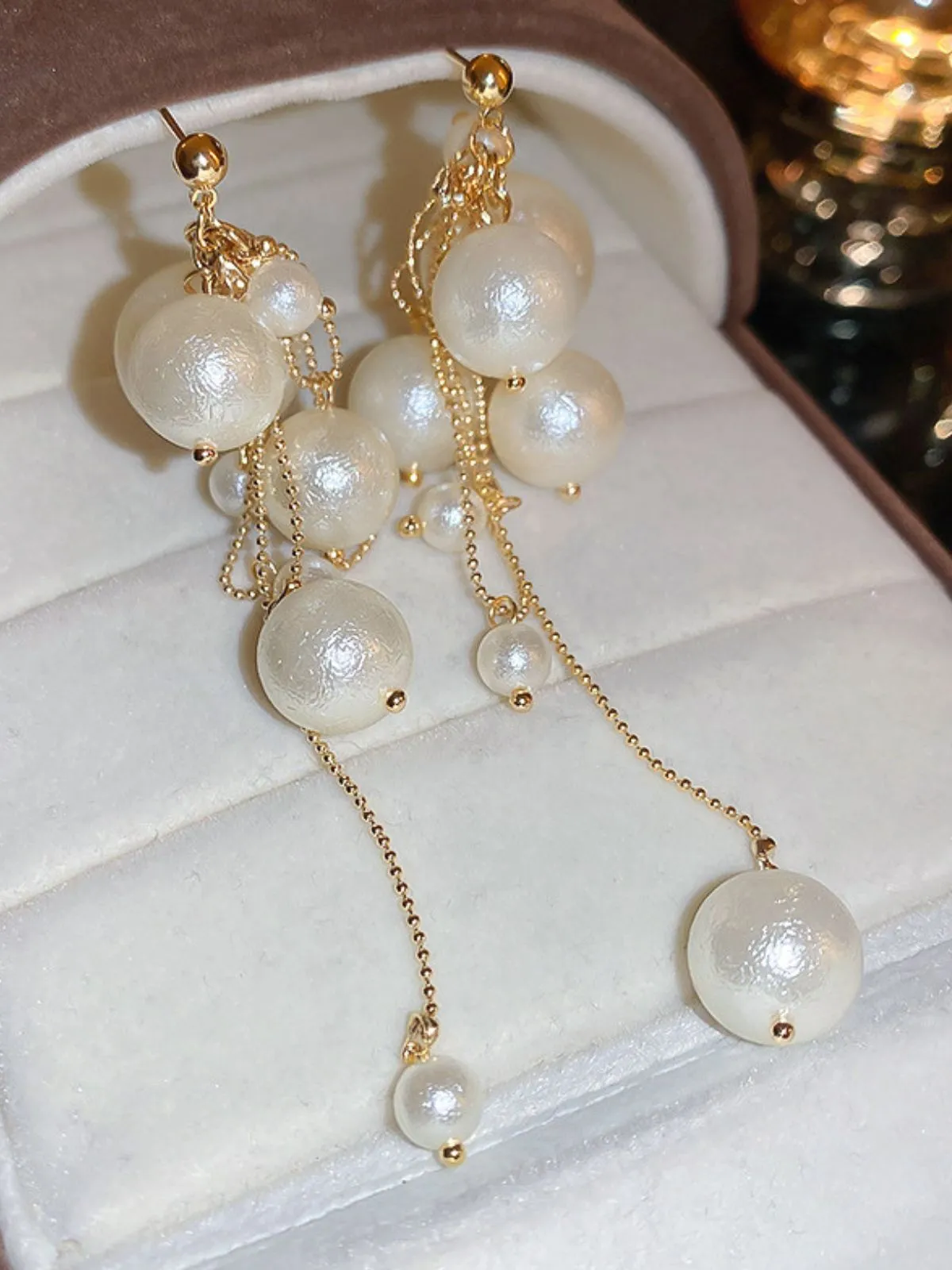 Beige Pearl Tassel Plastic Earrings