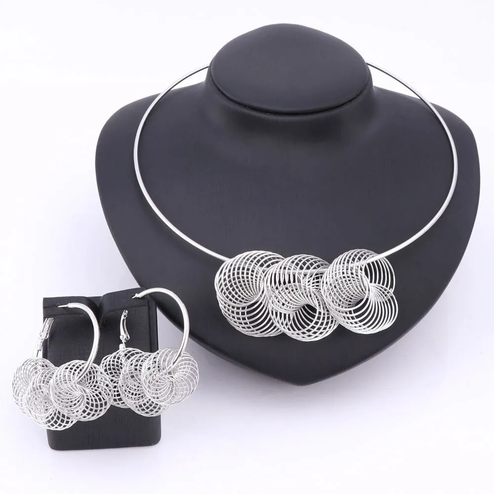 Big Spiral Design Necklace & Earrings Wedding Statement Jewelry Set