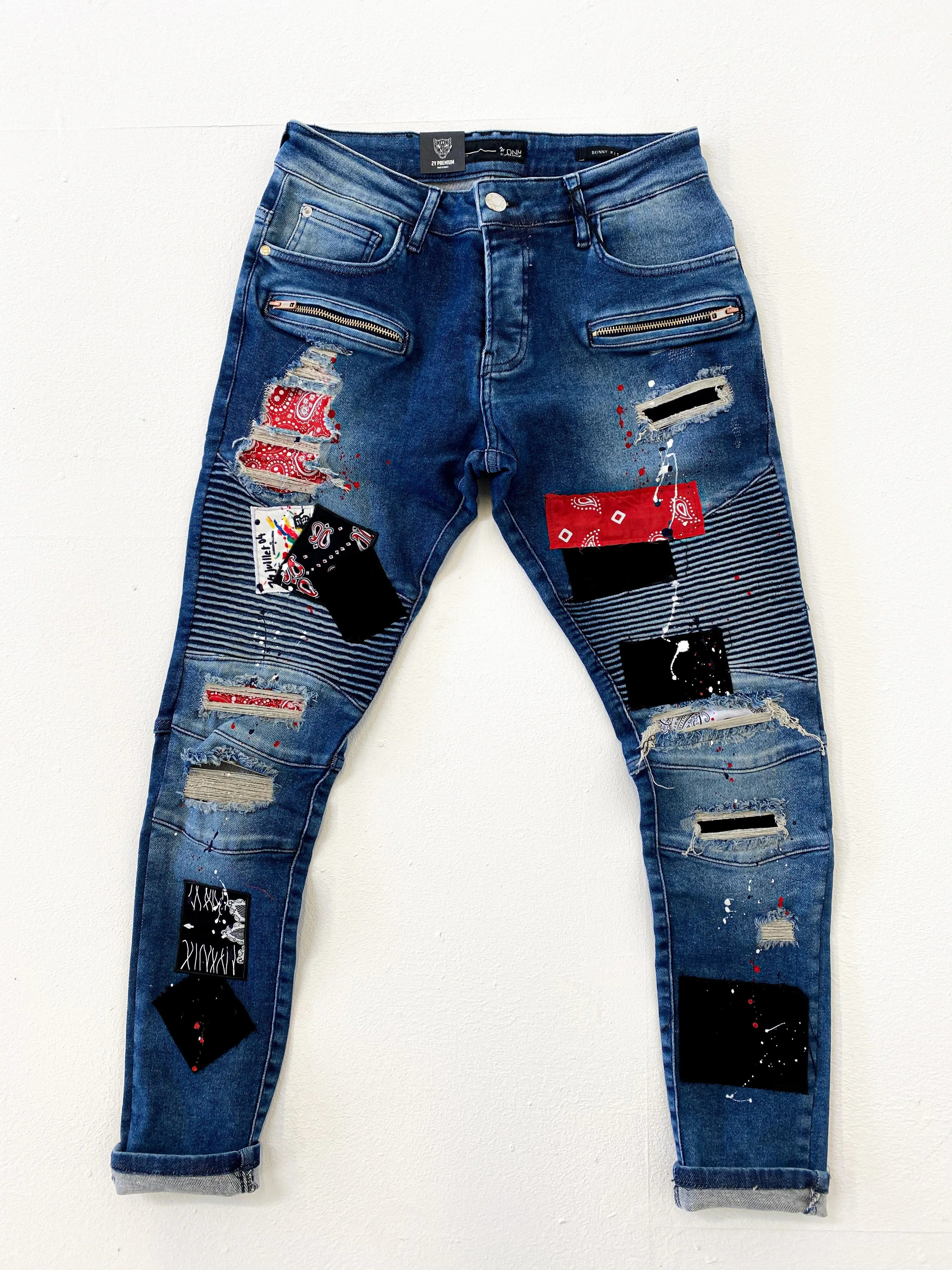 Biker Patched Ripped Blue Jeans