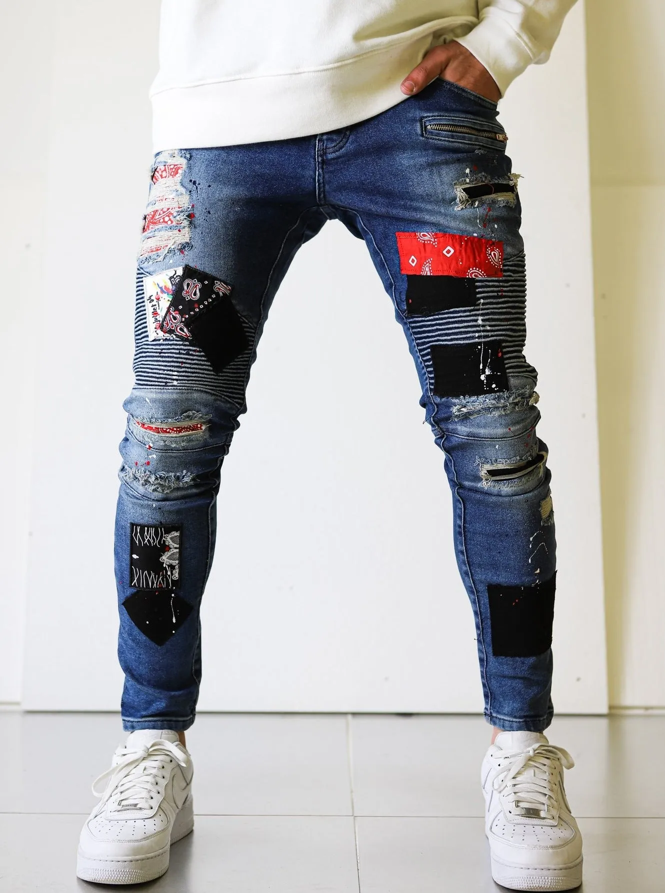 Biker Patched Ripped Blue Jeans