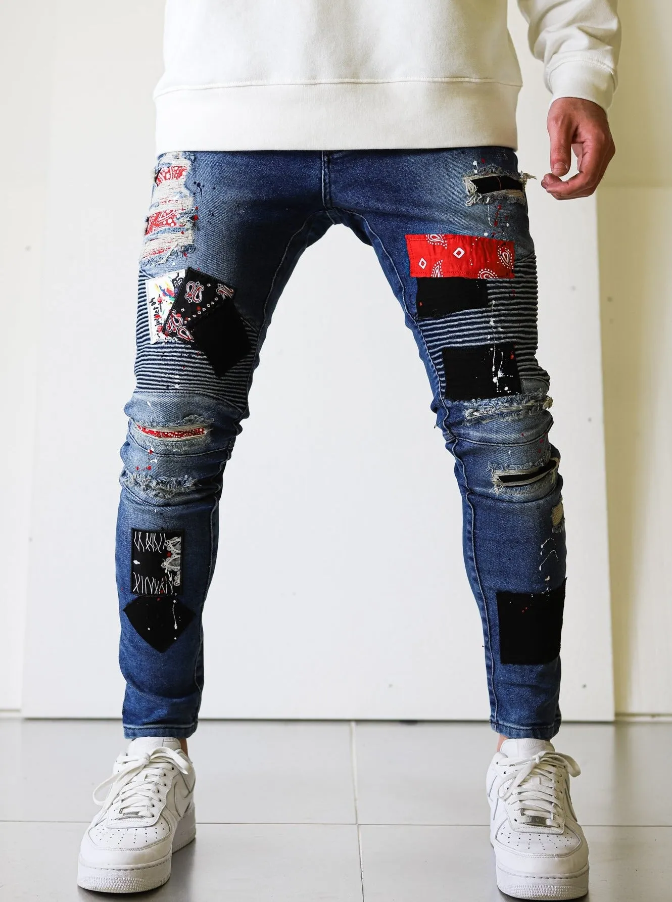 Biker Patched Ripped Blue Jeans