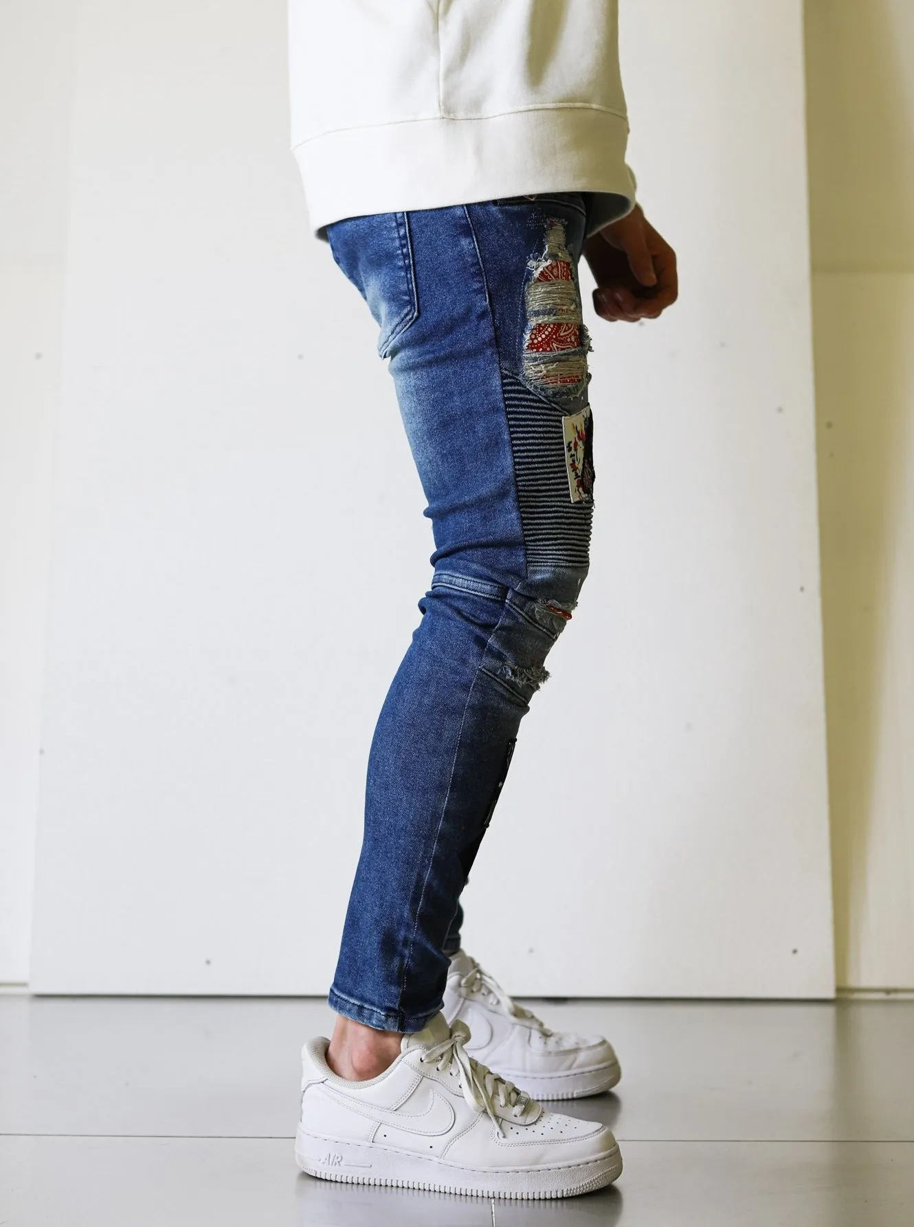 Biker Patched Ripped Blue Jeans