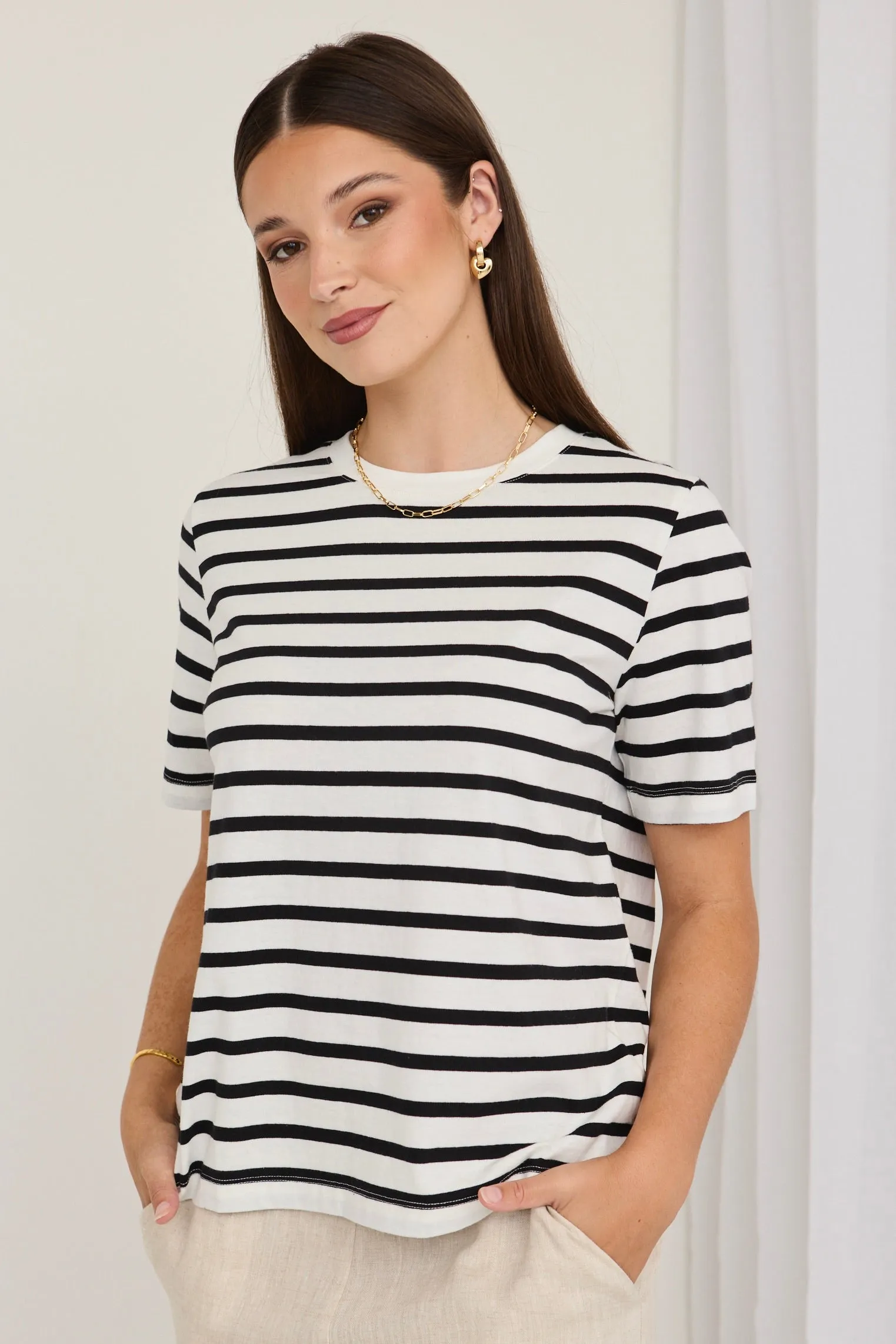 Binding Black White Stripe Boxy Fit Tee