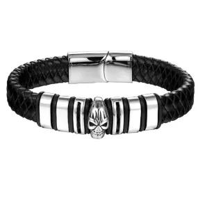 Black Braided Leather Stainless Steel Skull Beaded Bracelet