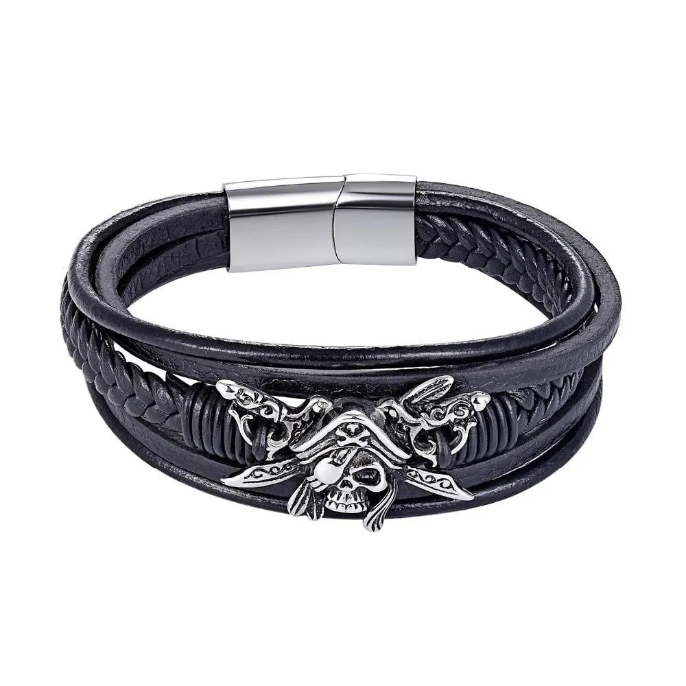 Black Multi-Strand Leather Stainless Steel Pirate Skull Cubic Zirconia Bracelet