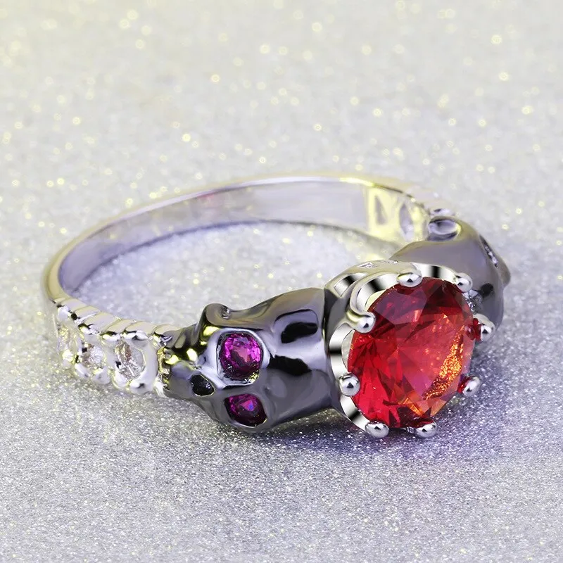 Black Skull and Red Crystal Punk Wedding Ring