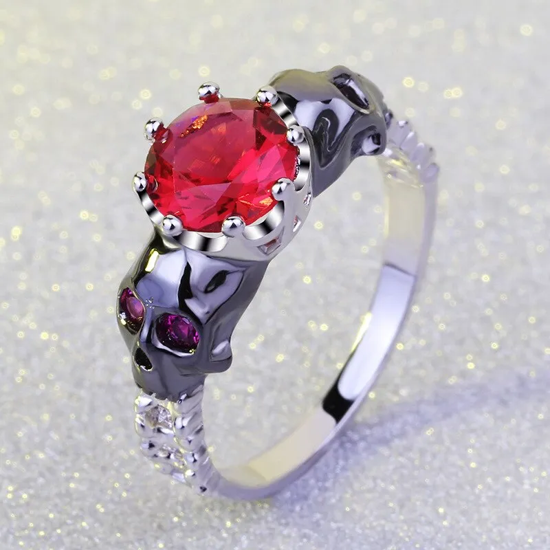 Black Skull and Red Crystal Punk Wedding Ring