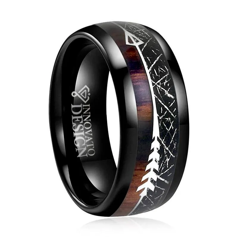 Black Tungsten Carbide with Black Meteorite and Koa Wood Ring