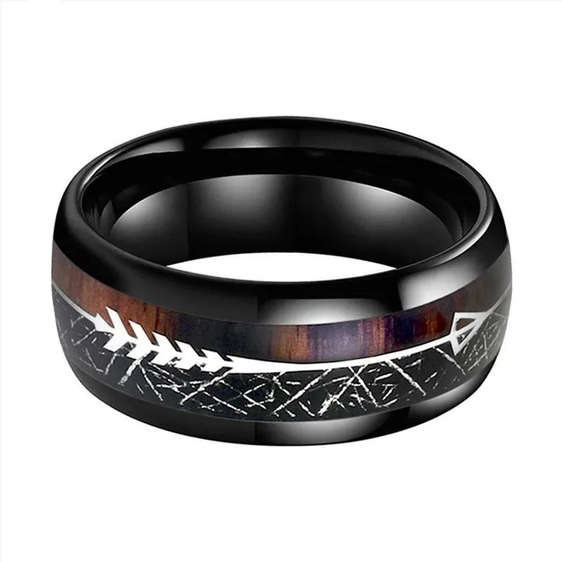 Black Tungsten Carbide with Black Meteorite and Koa Wood Ring