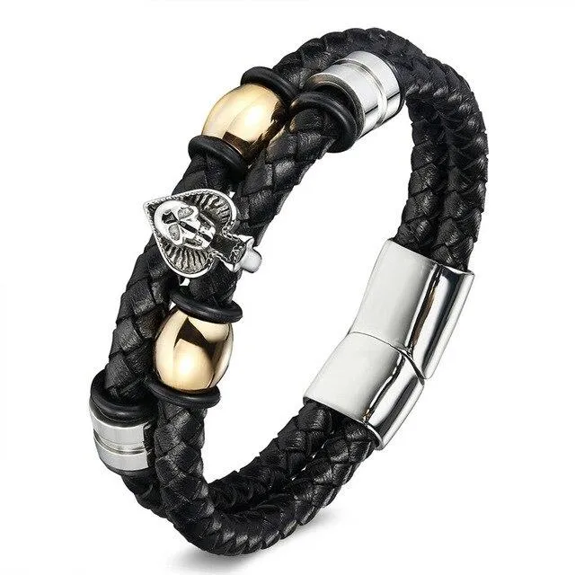 Black Two Strands Braided Genuine Leather Skull Beaded Bracelet