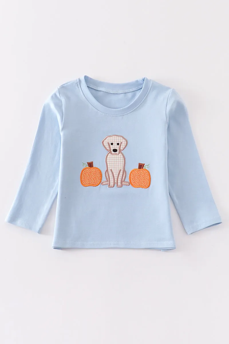 Blue dog pumpkin applique boy top