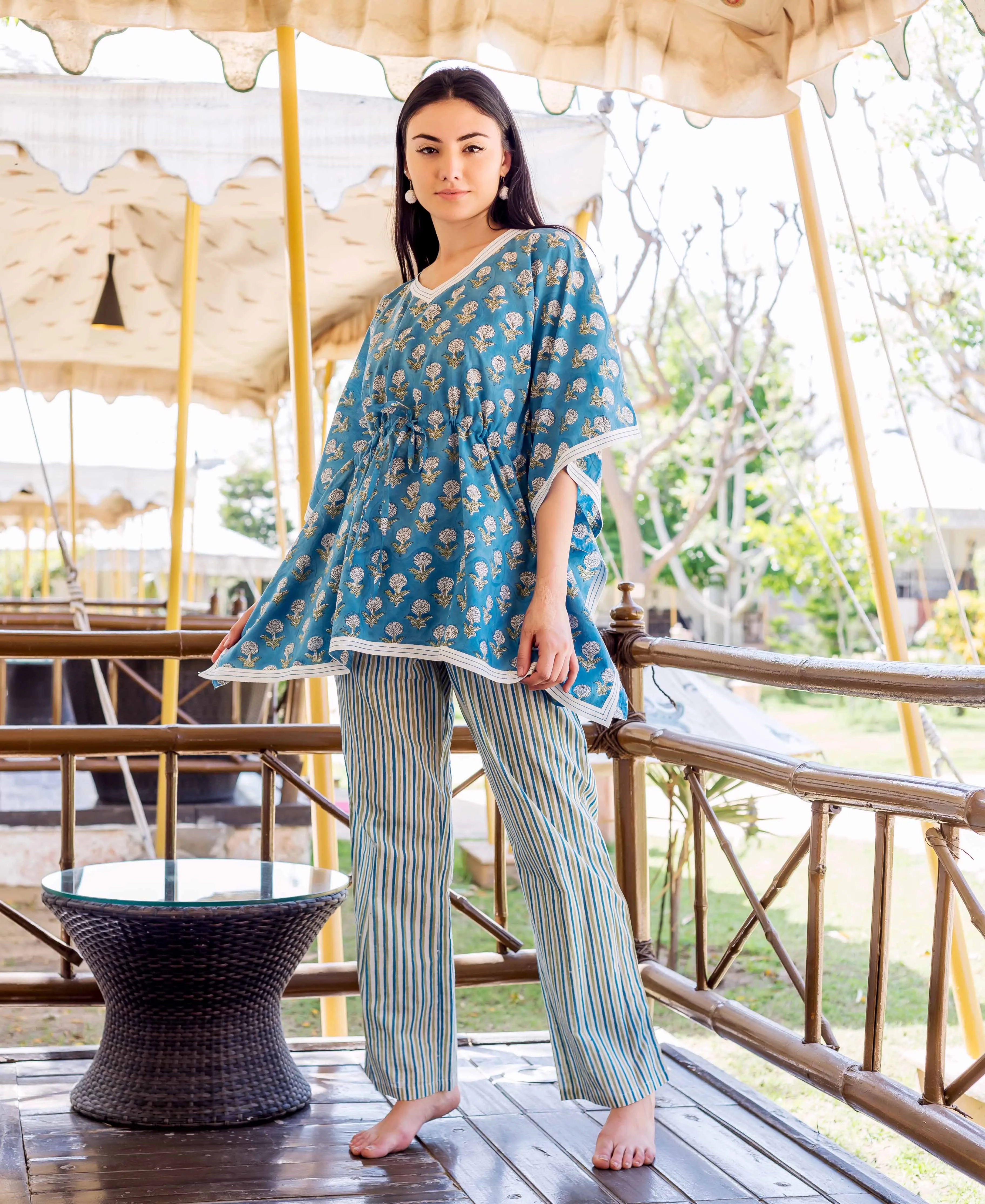 Blue Kaftan Style Top With Printed Trouser