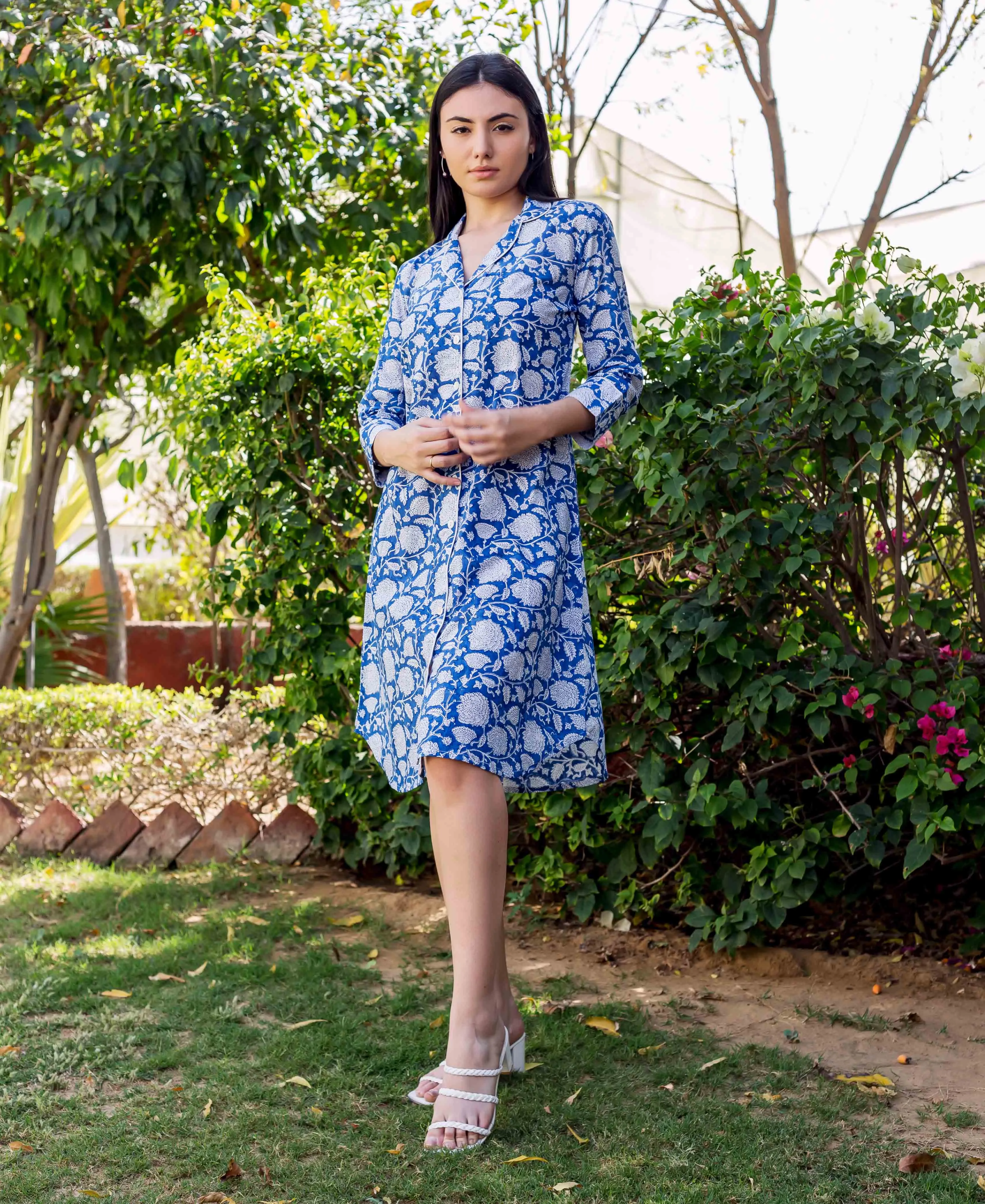 Blue Printed Shirt Style Lounge Wear