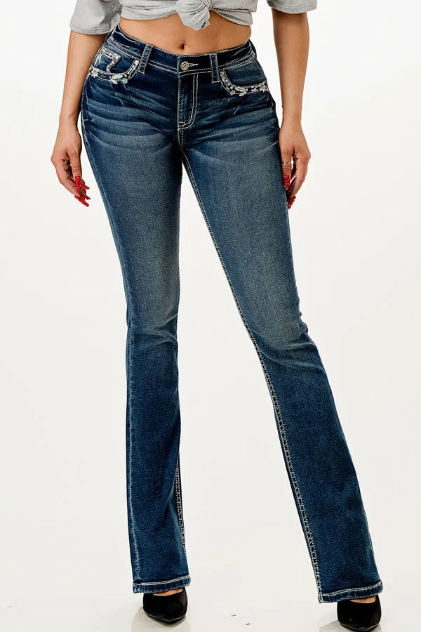 Border Stitches Faux Flap Soft Denim Mid Rise Bootcut Jeans