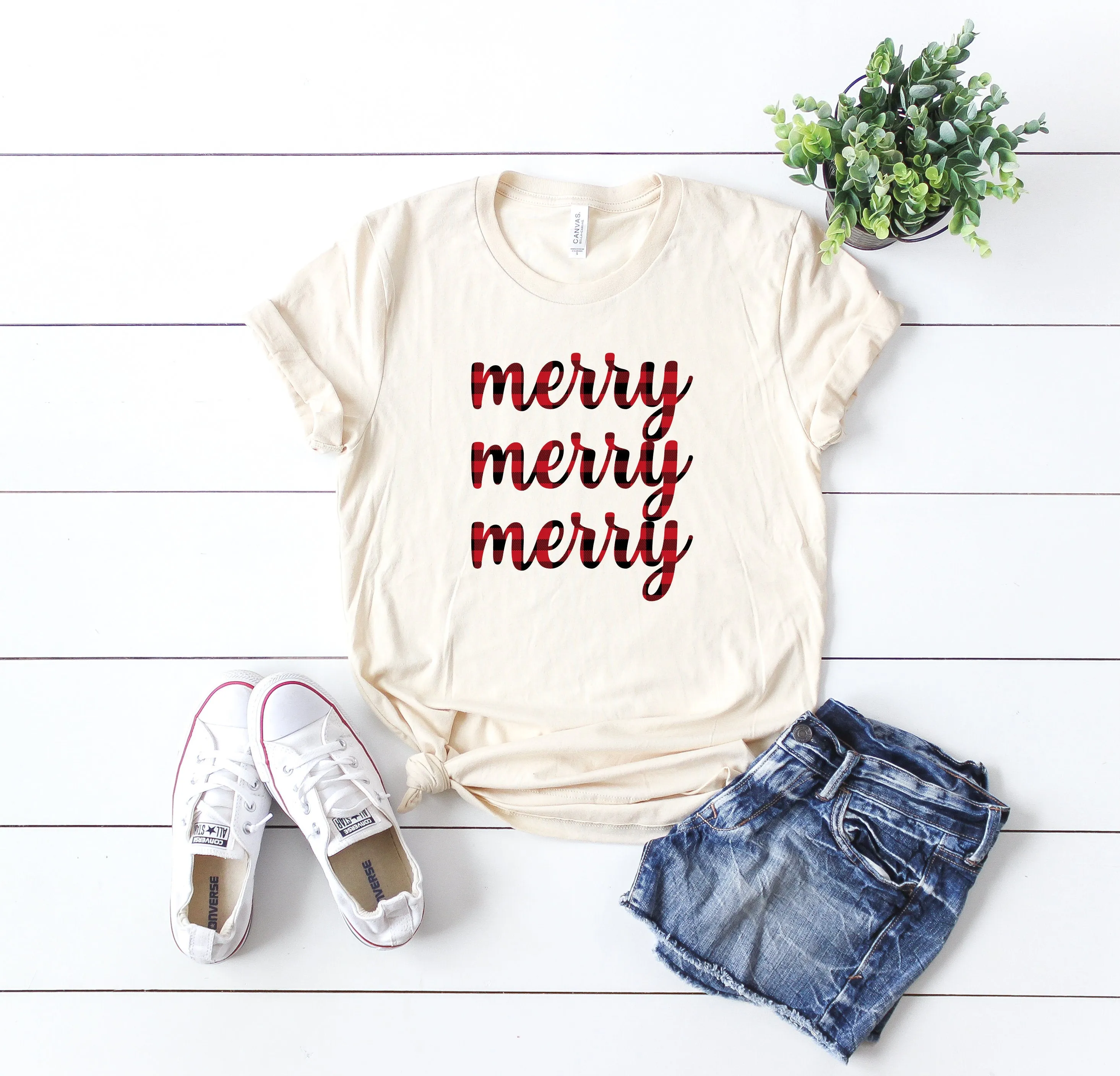 Buffalo plaid Christmas T-shirt, Merry Merry Merry shirt, Christmas party shirt, Cute Christmas shirt,Women's Christmas top, Holiday t-shirt