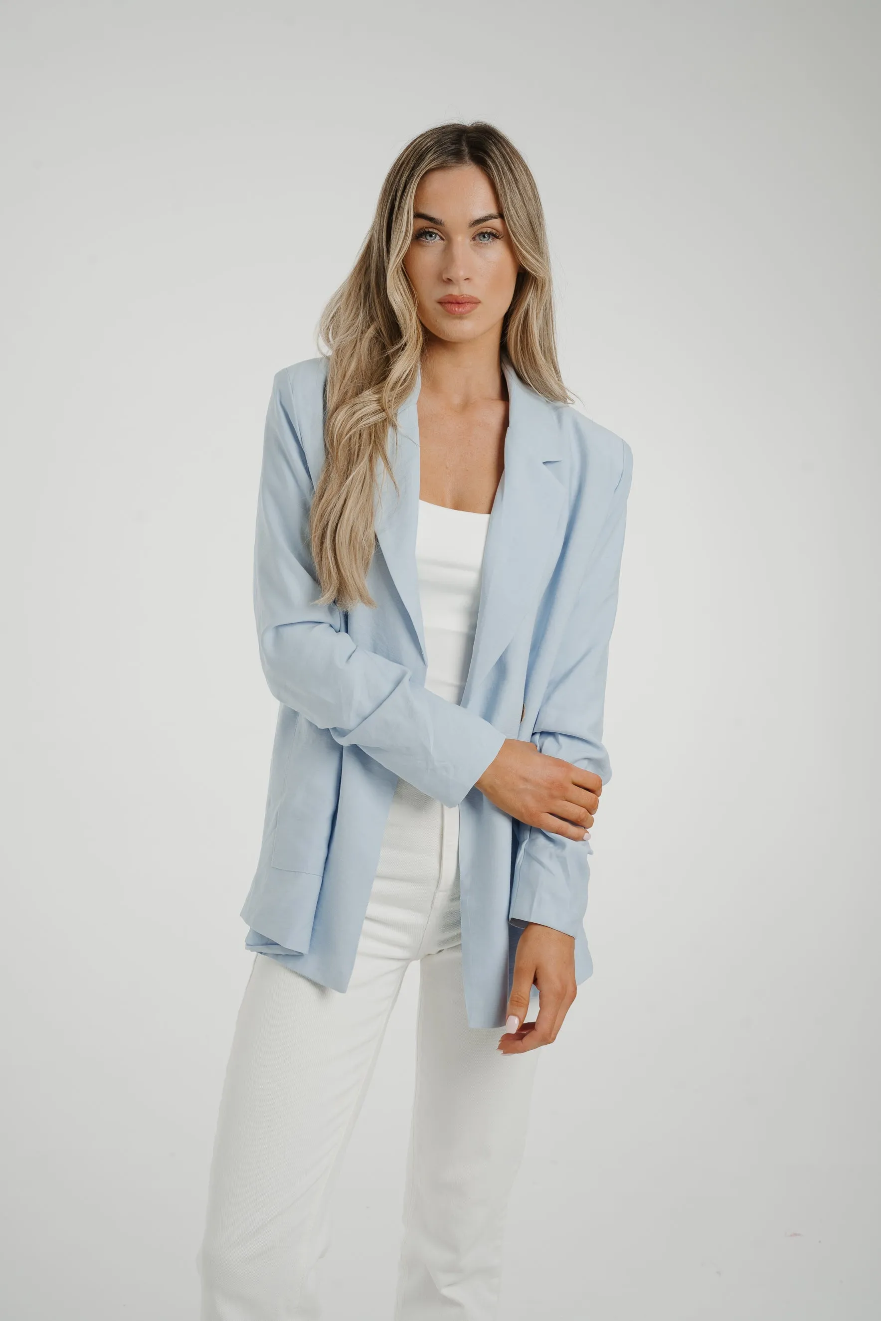 Caitlyn Ruched Sleeve Pocket Blazer In Blue