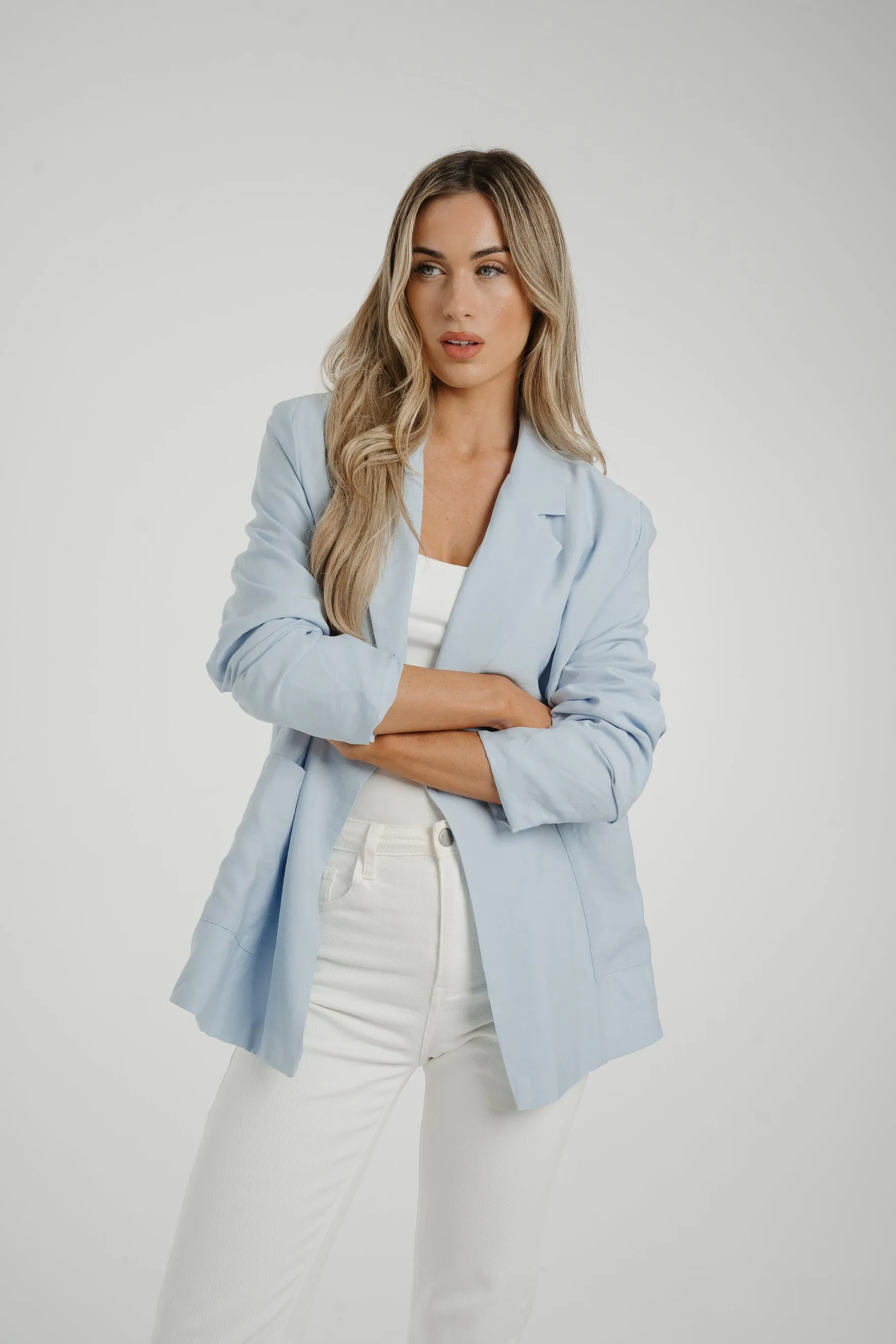 Caitlyn Ruched Sleeve Pocket Blazer In Blue