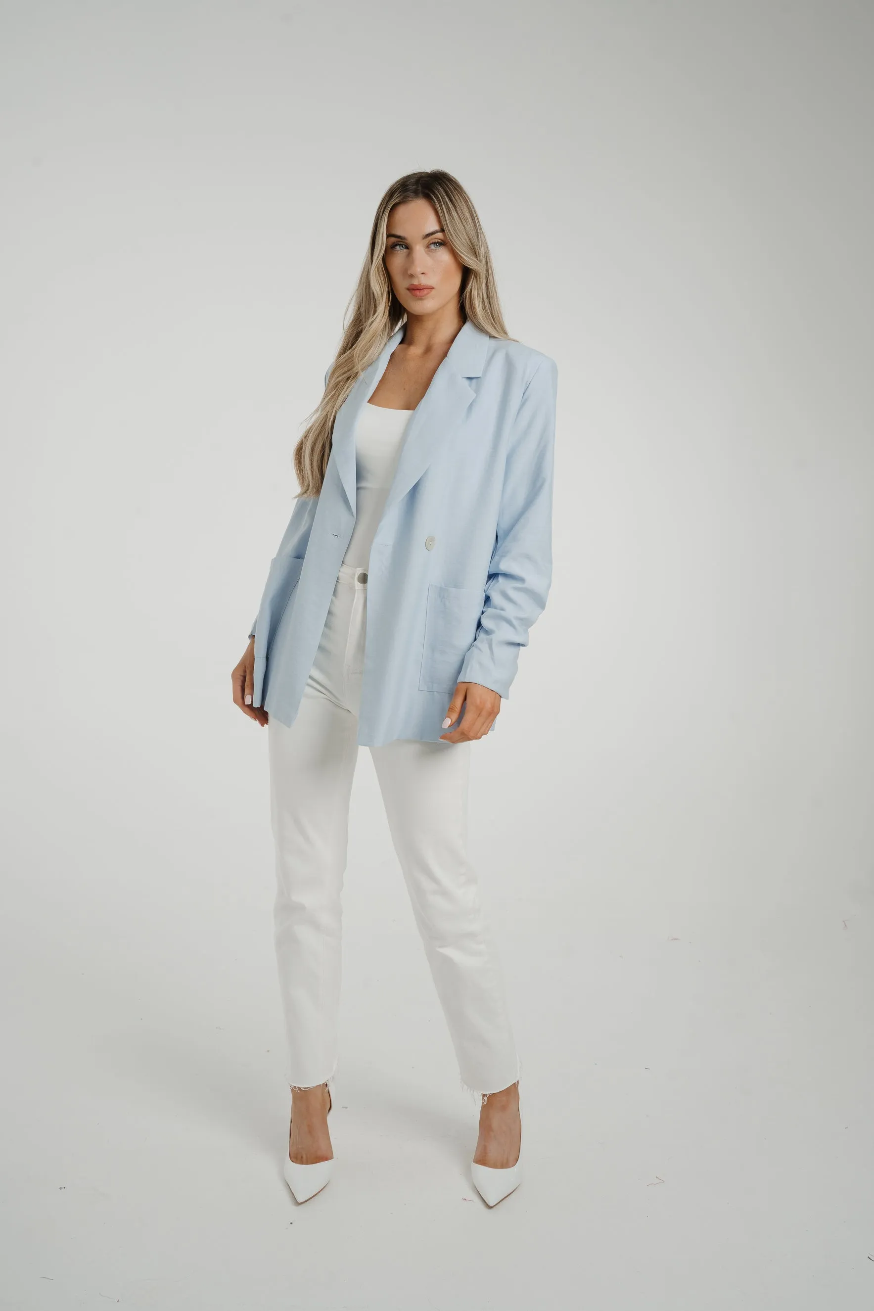 Caitlyn Ruched Sleeve Pocket Blazer In Blue