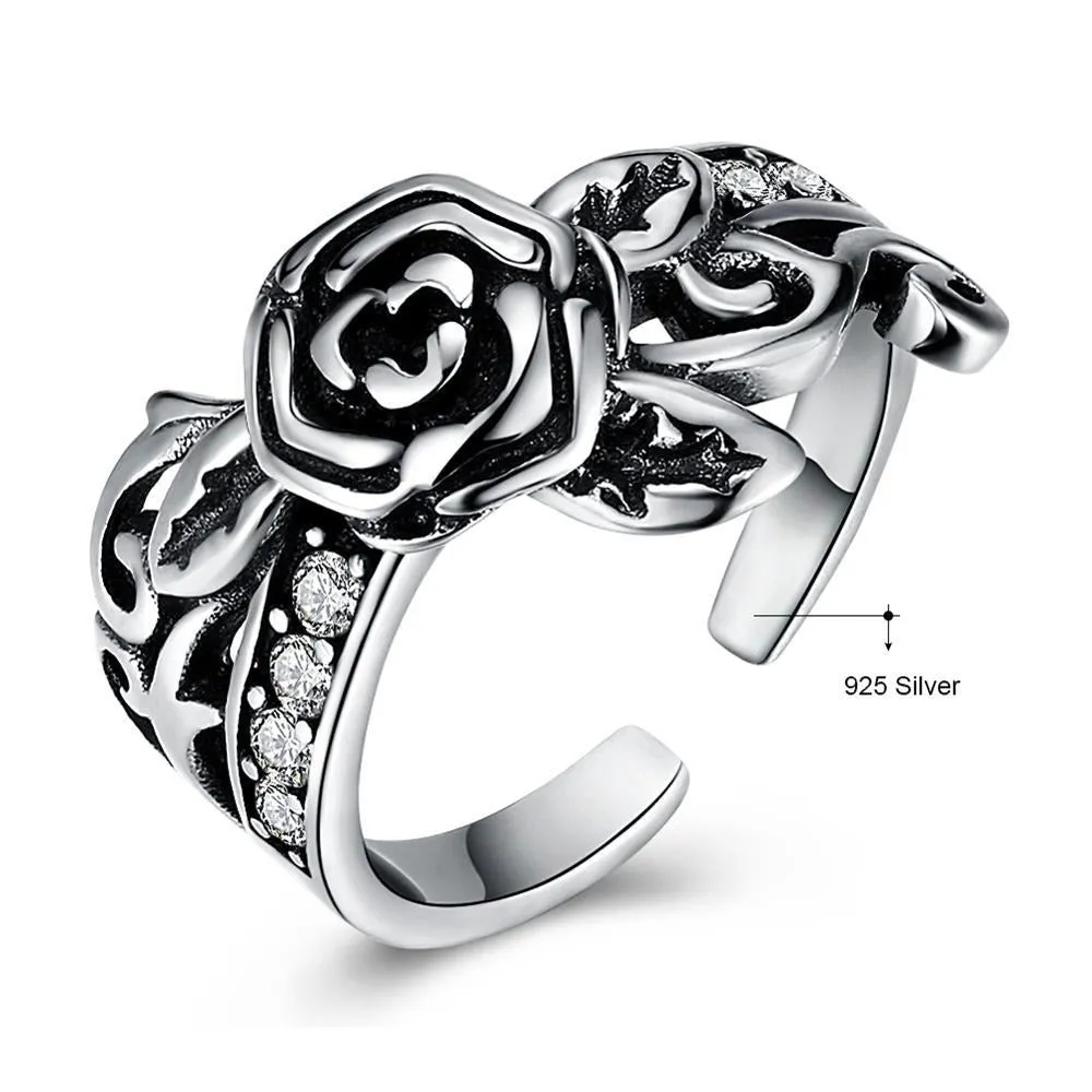 Carved Lotus Design and Cubic Zirconia 925 Sterling Silver Adjustable Romantic Ring