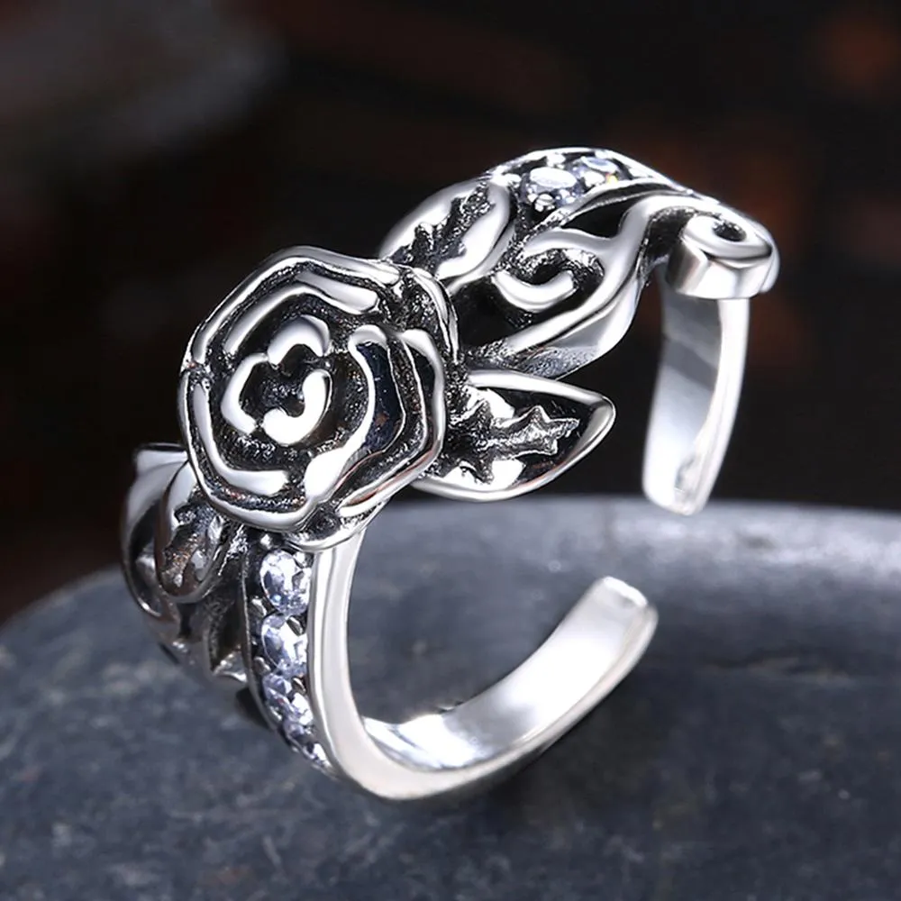 Carved Lotus Design and Cubic Zirconia 925 Sterling Silver Adjustable Romantic Ring