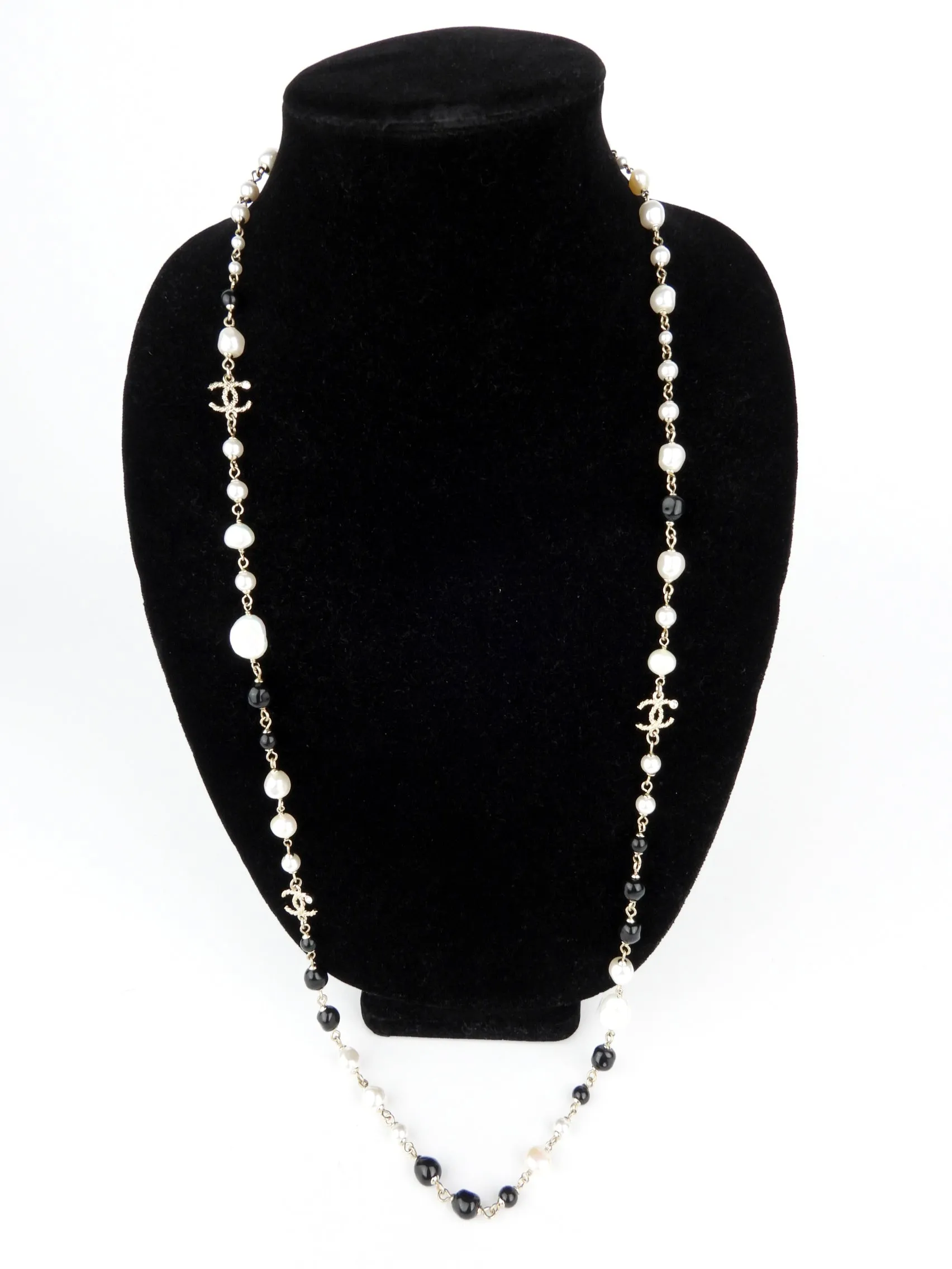 Chanel 19B Pearl, Black, Crystal and Gold Tone CC Long Chain Necklace