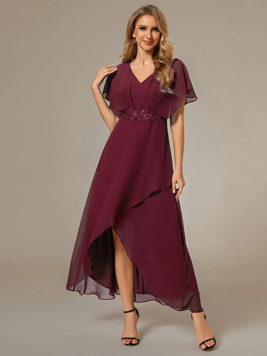 Chiffon Appliques High-low Evening Dress with Short Sleeves