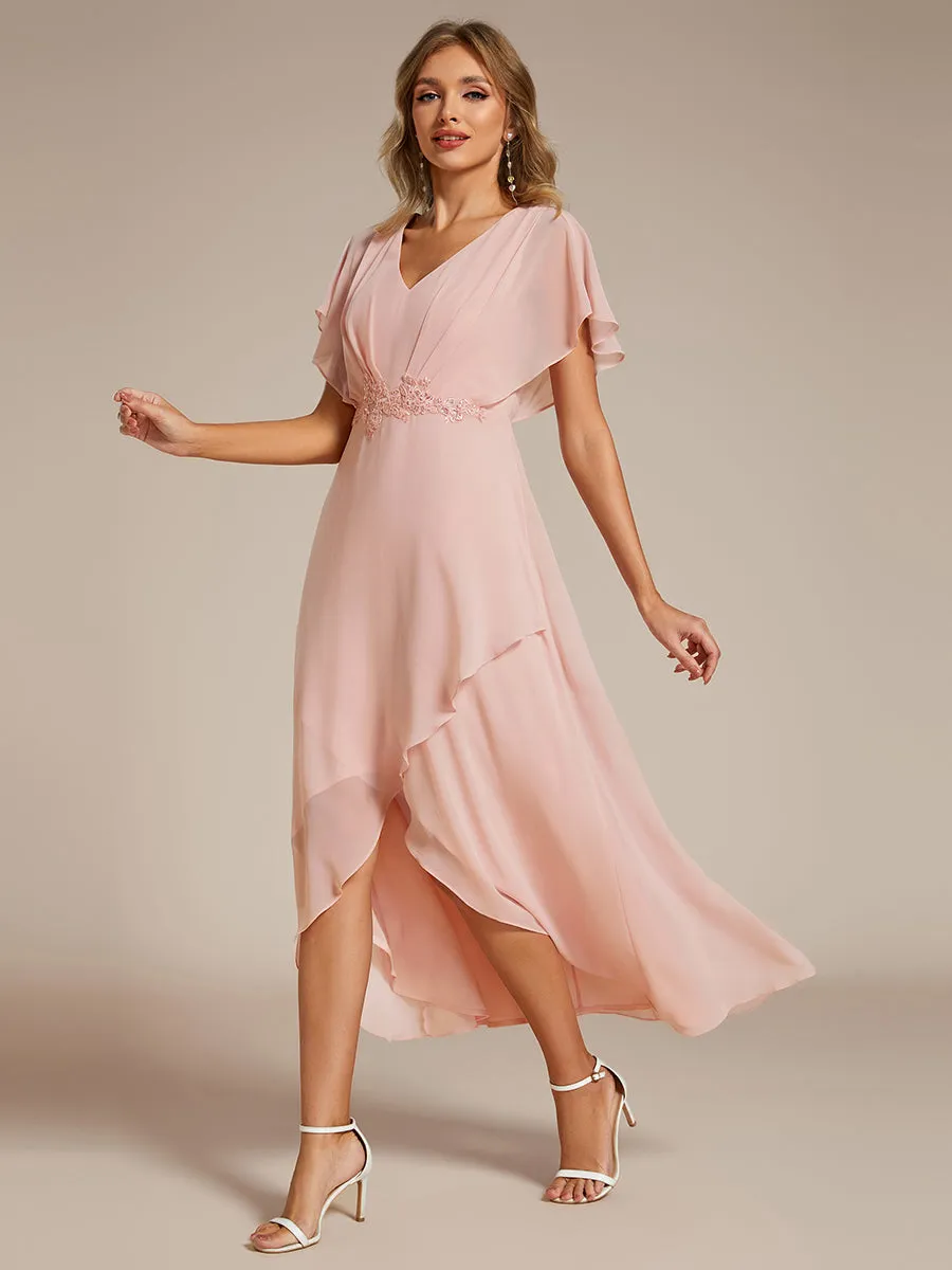 Chiffon Appliques High-low Evening Dress with Short Sleeves