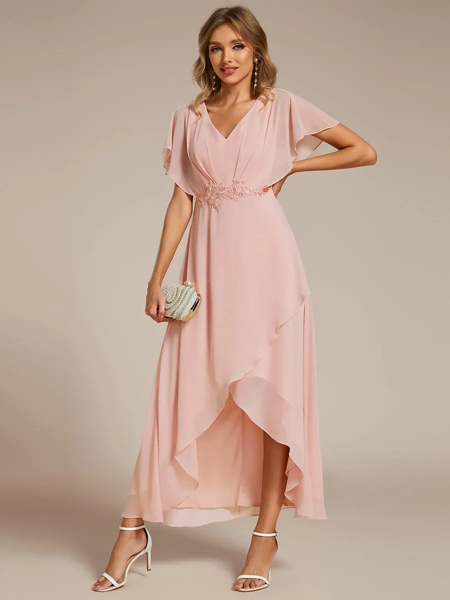 Chiffon Appliques High-low Evening Dress with Short Sleeves