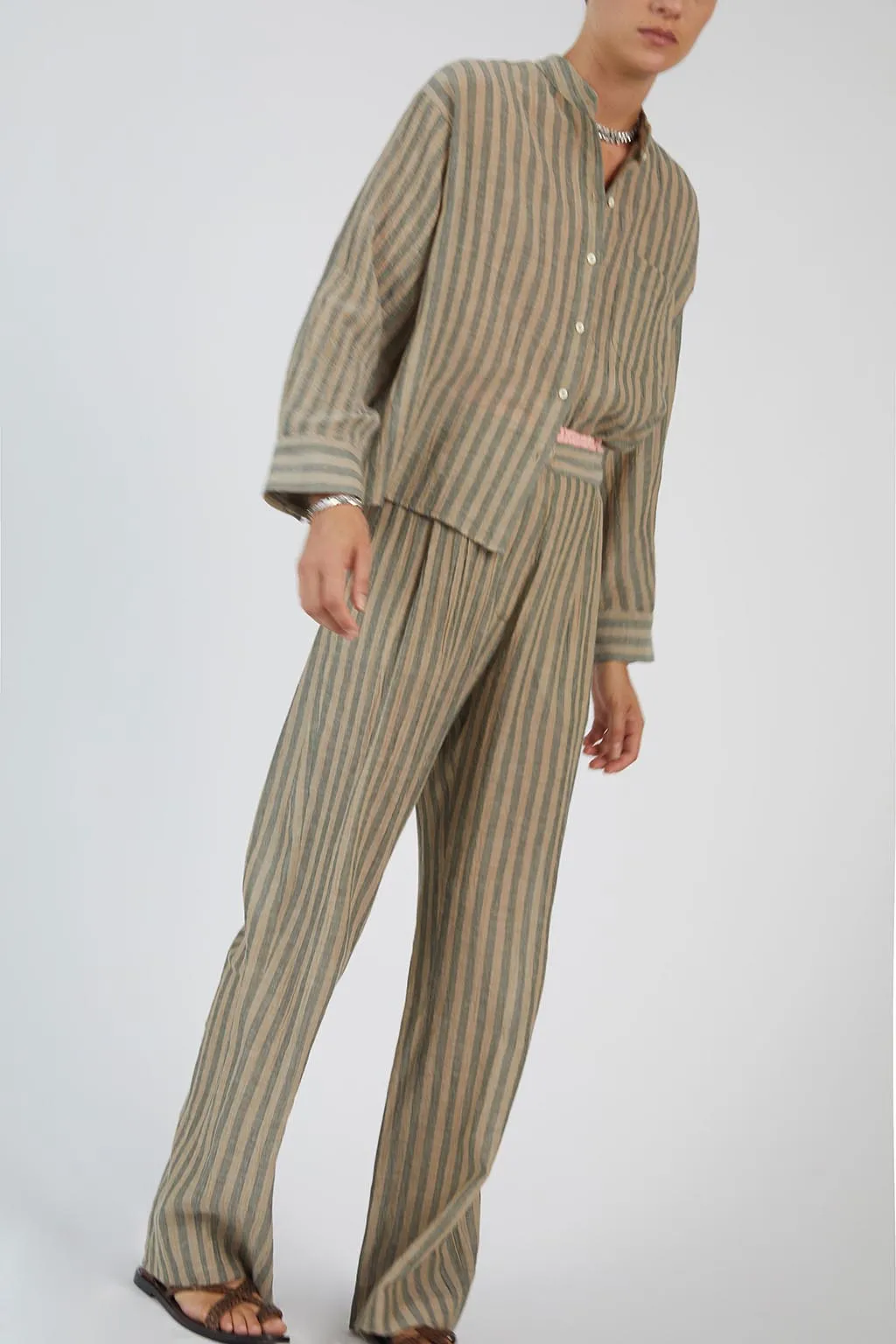 CIDADELA STRIPED COTTON AND LINEN PANTS IN DUNE