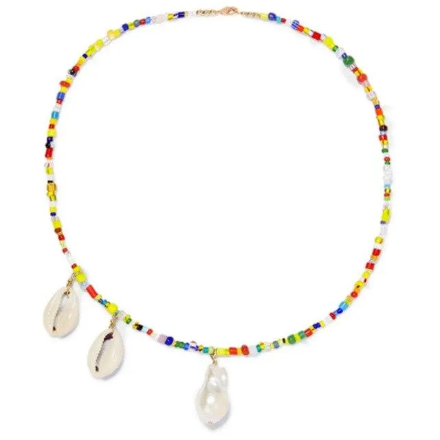 Colorful Beaded Necklace with Puka Shell and Stone Pendant