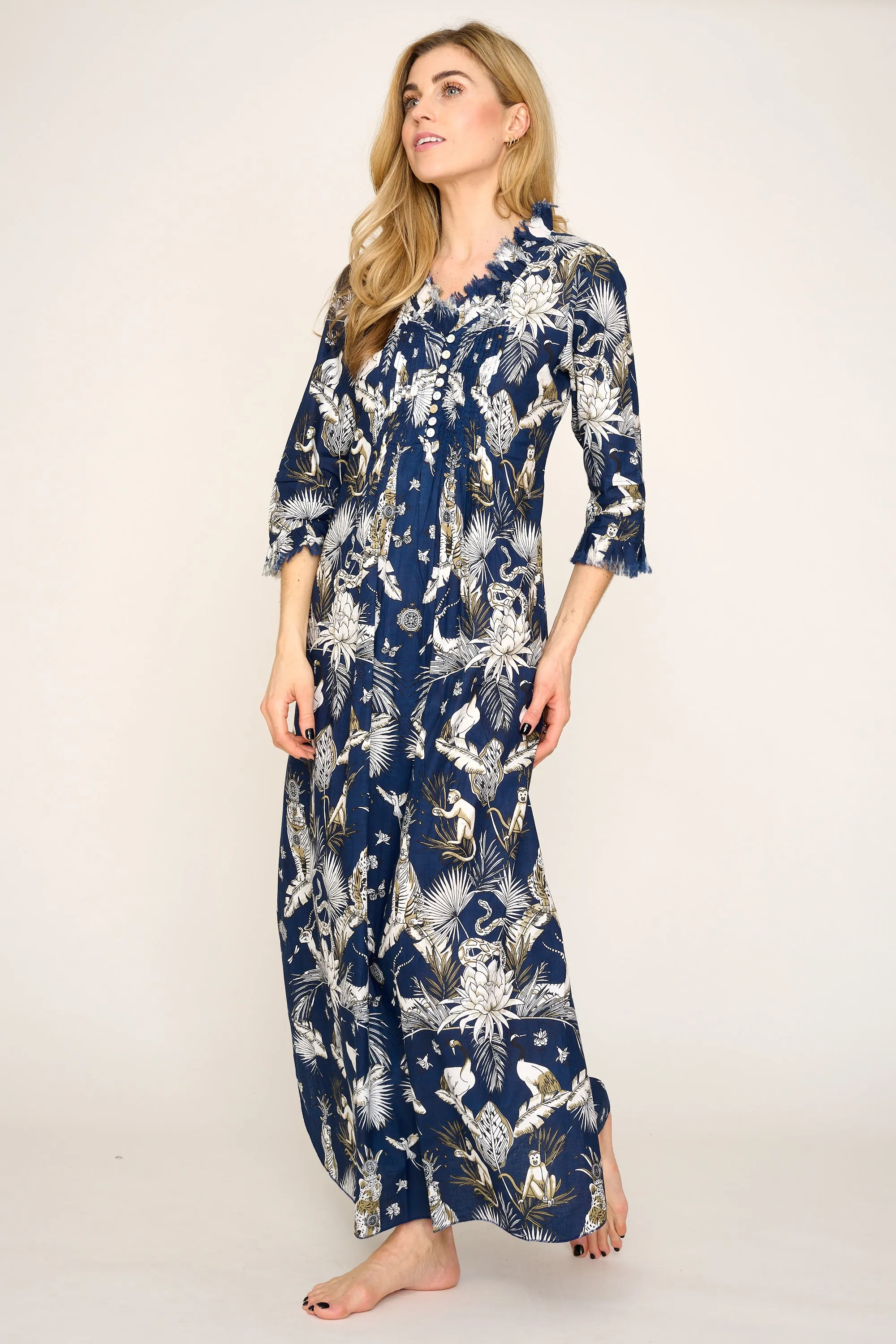 Cotton Annabel Maxi Dress in Navy Tropical