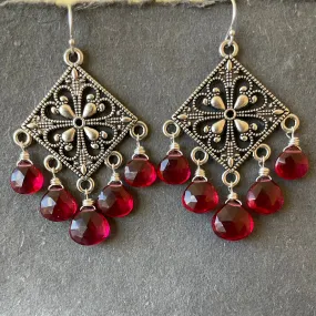 Cranberry Filigree Chandelier Earrings, OOAK