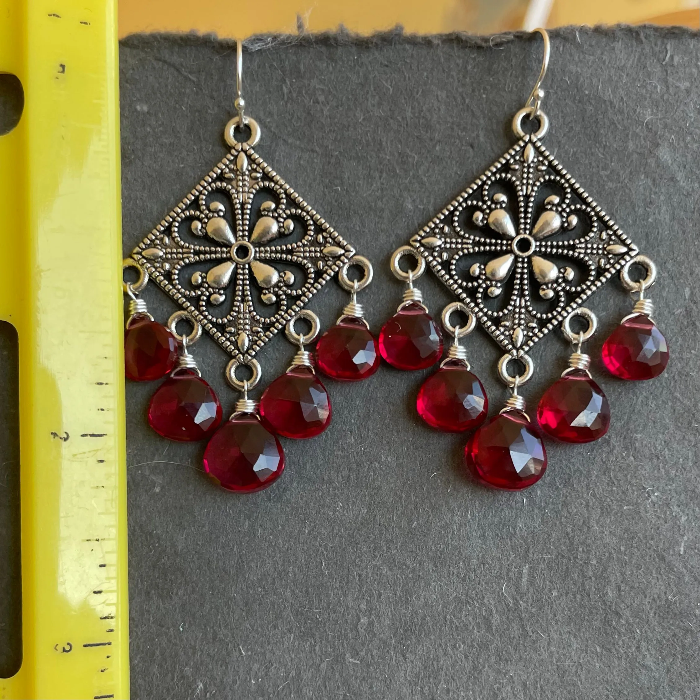 Cranberry Filigree Chandelier Earrings, OOAK