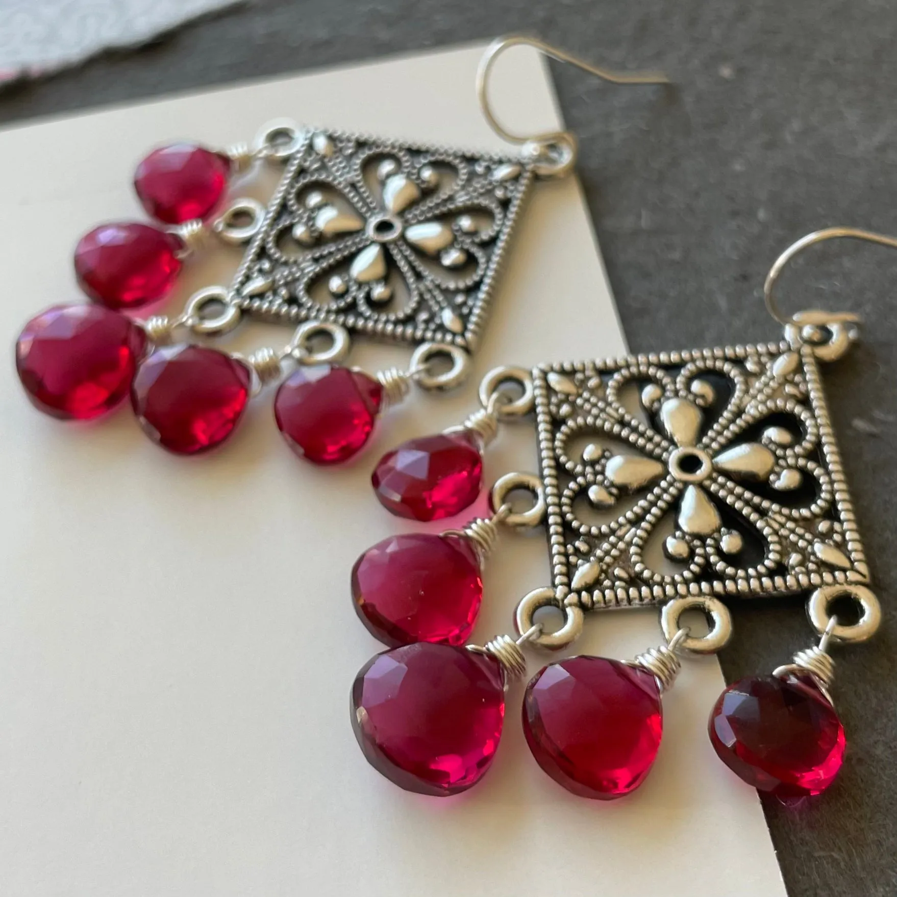 Cranberry Filigree Chandelier Earrings, OOAK