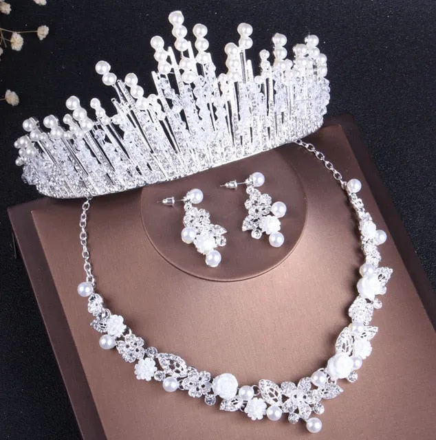 Crystal, Pearl and Rhinestone Tiara, Necklace & Earrings Wedding Prom Jewelry Set