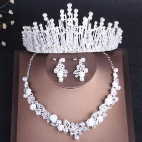 Crystal, Pearl and Rhinestone Tiara, Necklace & Earrings Wedding Prom Jewelry Set