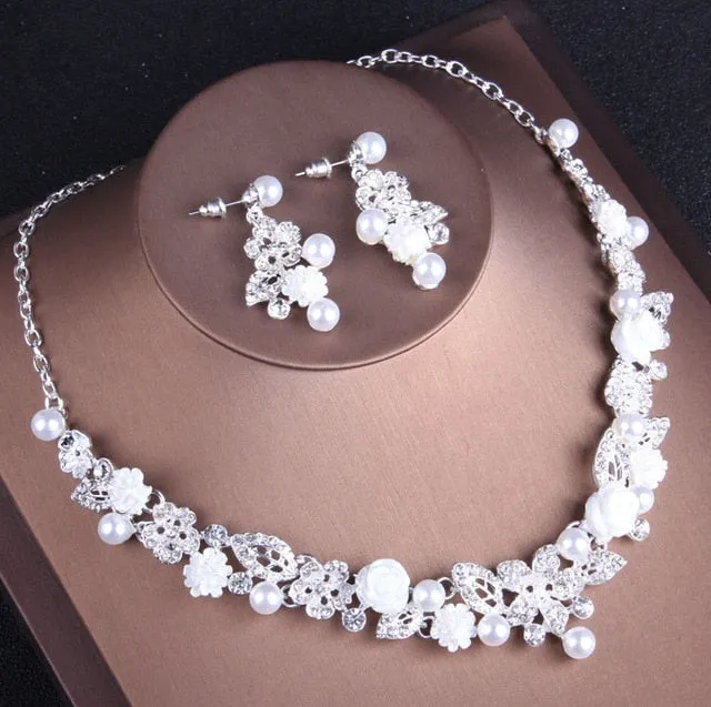 Crystal, Pearl and Rhinestone Tiara, Necklace & Earrings Wedding Prom Jewelry Set