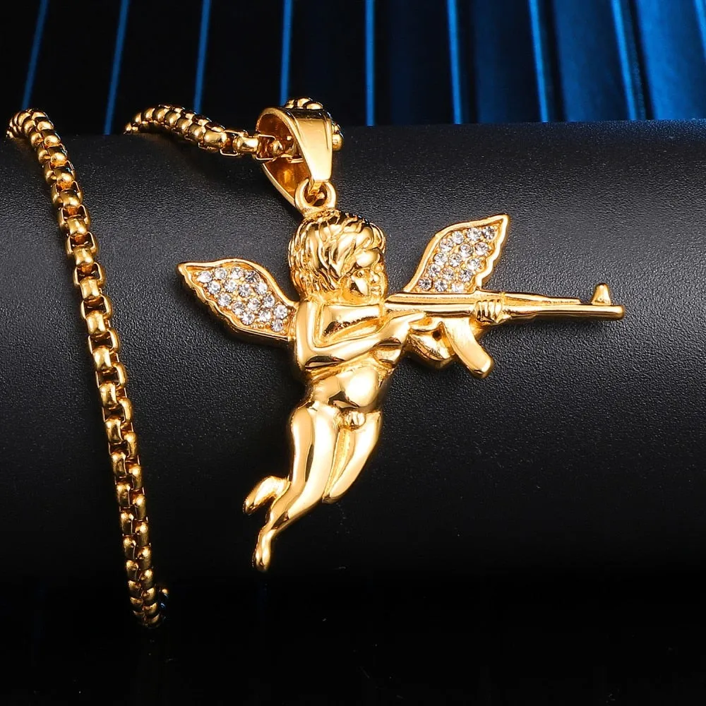 Crystal-Studded Gold-Plated Angel Bling Stainless Steel Hip-Hop Pendant Necklace