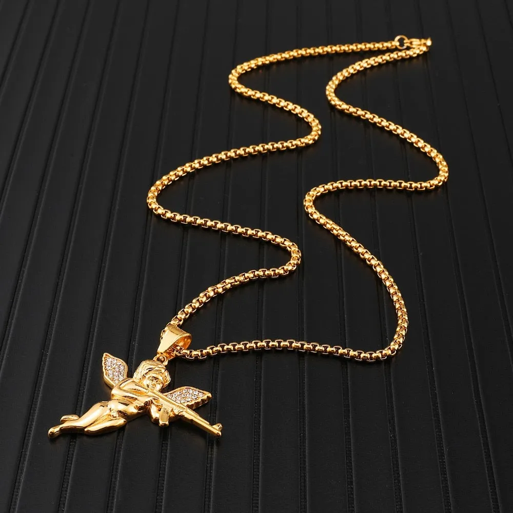 Crystal-Studded Gold-Plated Angel Bling Stainless Steel Hip-Hop Pendant Necklace