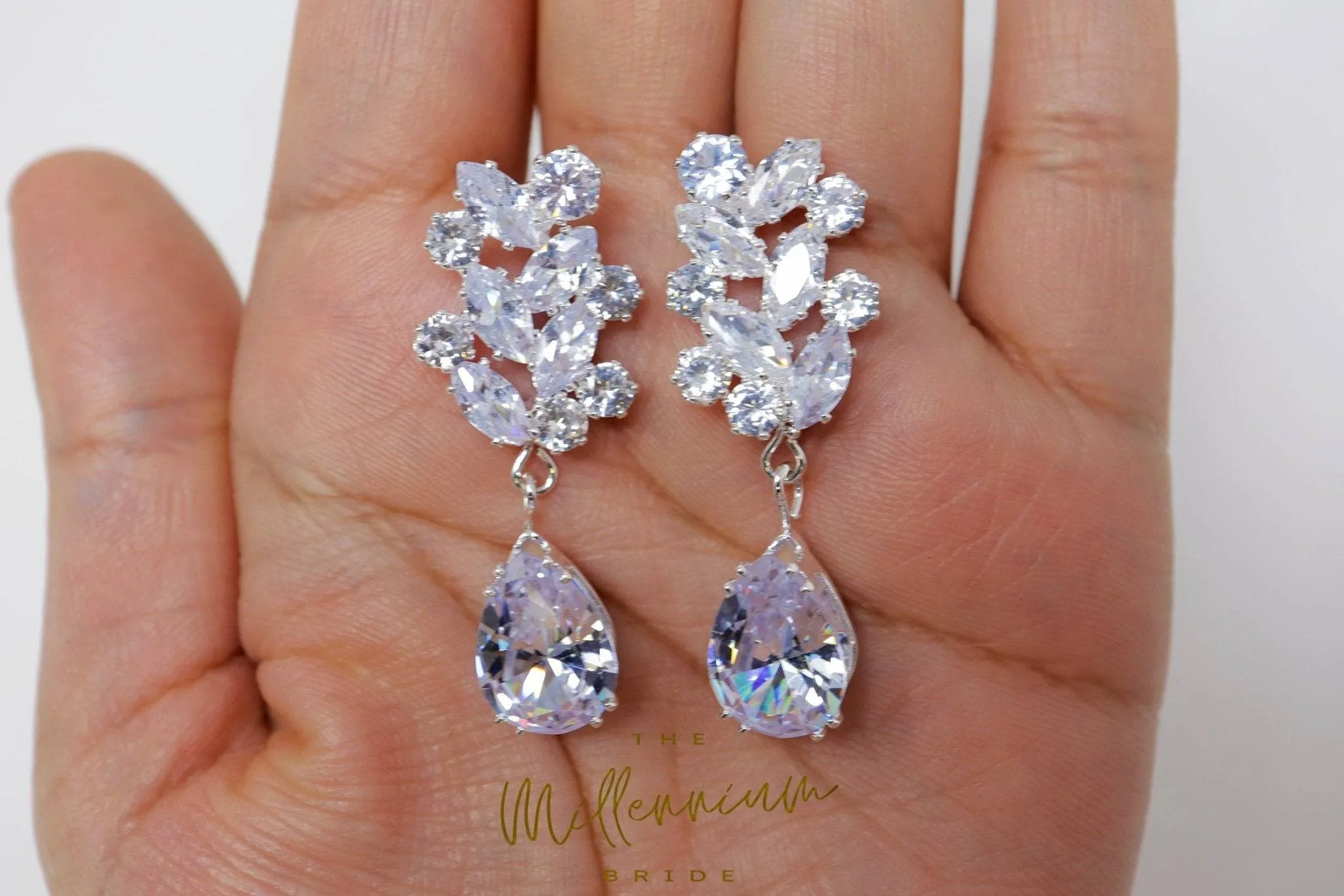 Cubic Zirconia Diamond Leaves long Drop Crystal, Diamond Earrings, Long Bridal Earrings, Crystal Bridal Earrings, Statement Earrings