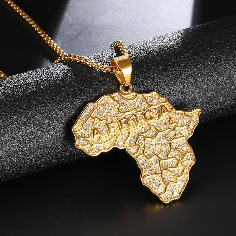 Cubic Zirconia Studded Africa Map Bling Stainless Steel Hip-hop Pendant Necklace