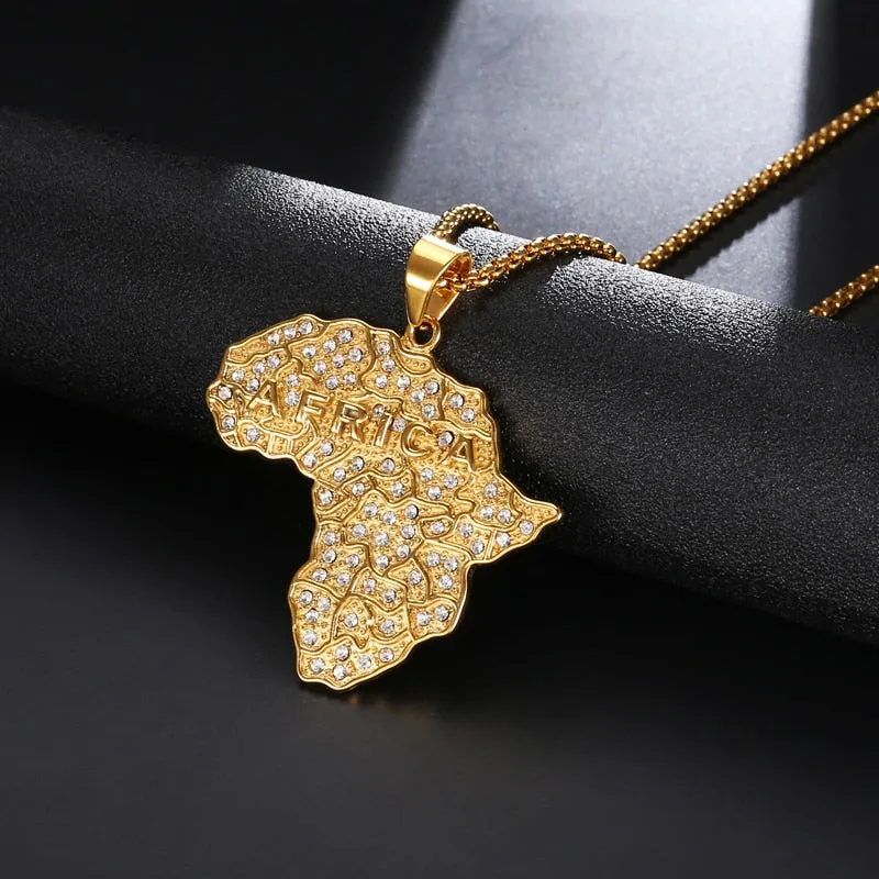 Cubic Zirconia Studded Africa Map Bling Stainless Steel Hip-hop Pendant Necklace