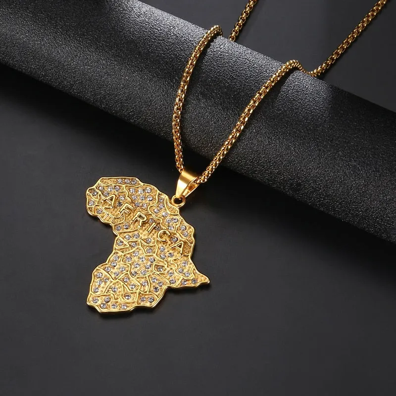 Cubic Zirconia Studded Africa Map Bling Stainless Steel Hip-hop Pendant Necklace