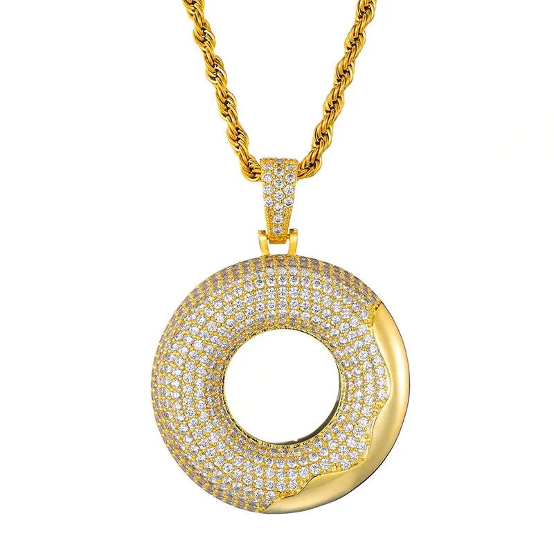 Cubic-Zirconia-Studded Doughnut Bling Hip-hop Pendant Necklace