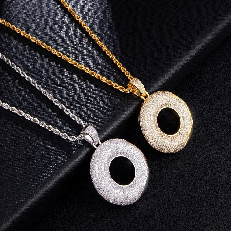 Cubic-Zirconia-Studded Doughnut Bling Hip-hop Pendant Necklace